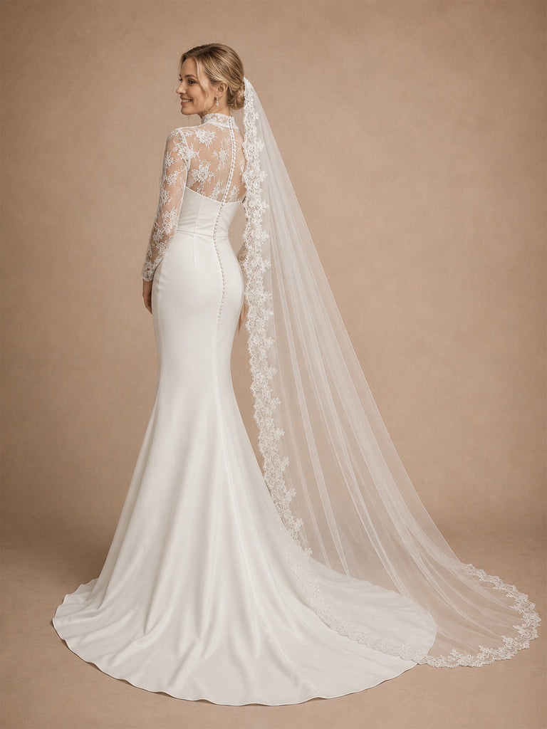 ChicSew Unique High Neck Long Sleeves Satin Lace Mermaid Side Slit Long Wedding Dress