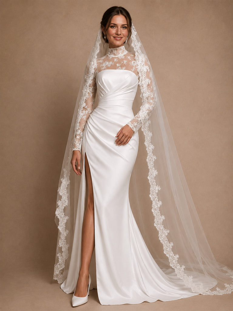 ChicSew Unique High Neck Long Sleeves Satin Lace Mermaid Side Slit Long Wedding Dress
