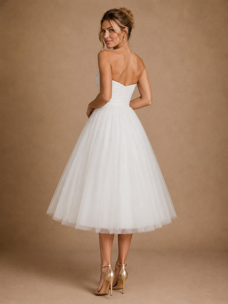 ChicSew Fancy Sweetheart Sleeveless A-Line Tulle Tea-Length Wedding Dress