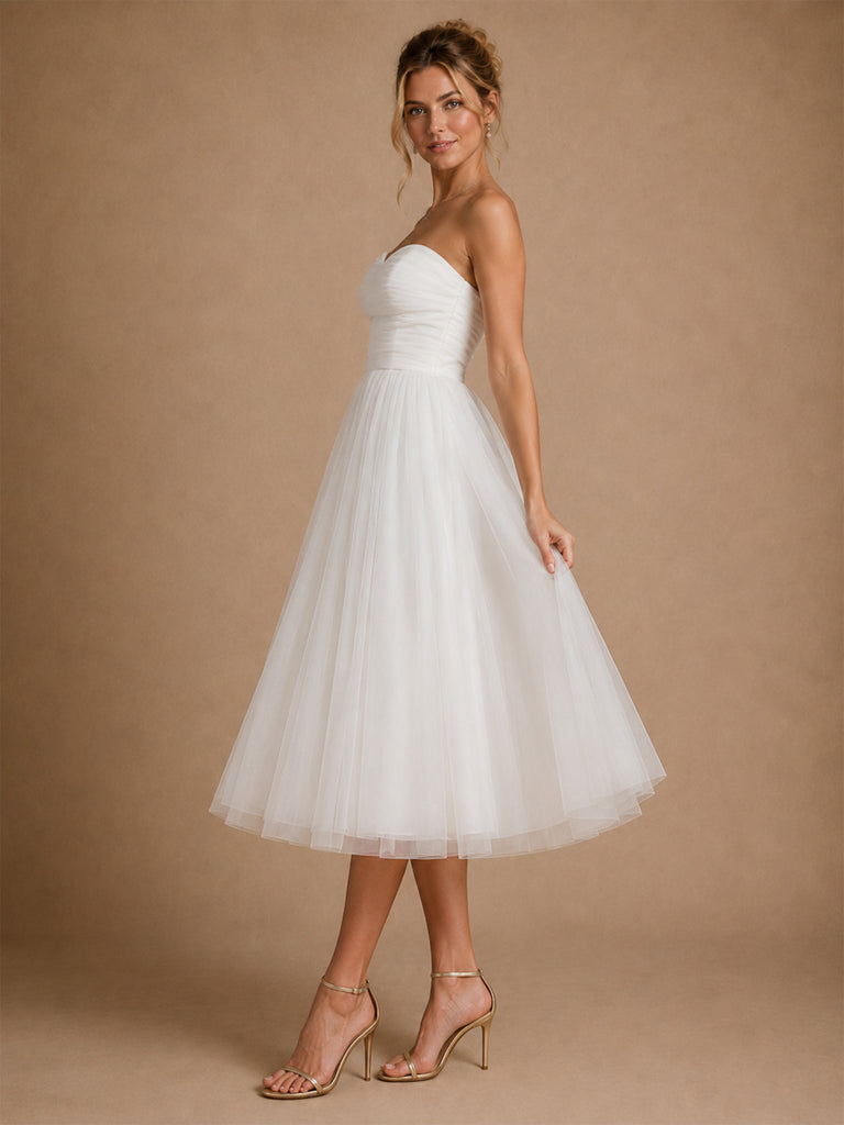 ChicSew Fancy Sweetheart Sleeveless A-Line Tulle Tea-Length Wedding Dress