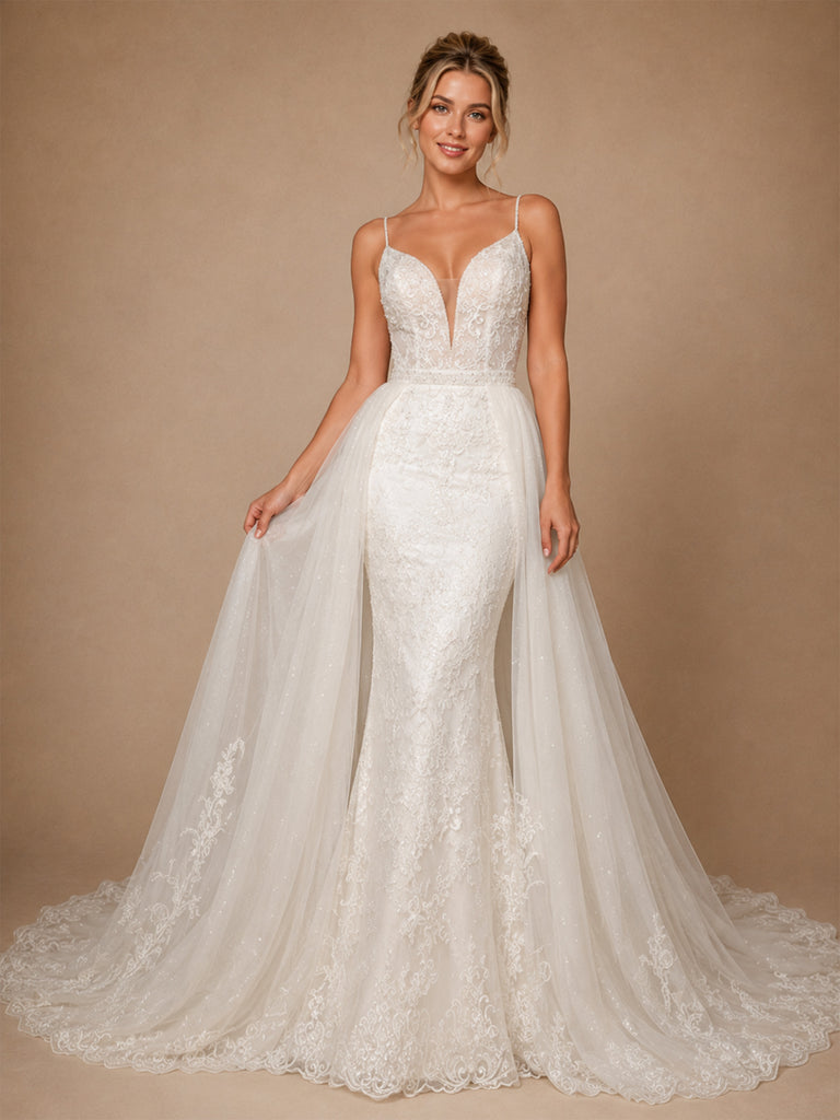 ChicSew Unique Spaghetti Straps Lace Glitter Tulle Mermaid Long Wedding Dress With Overskirt