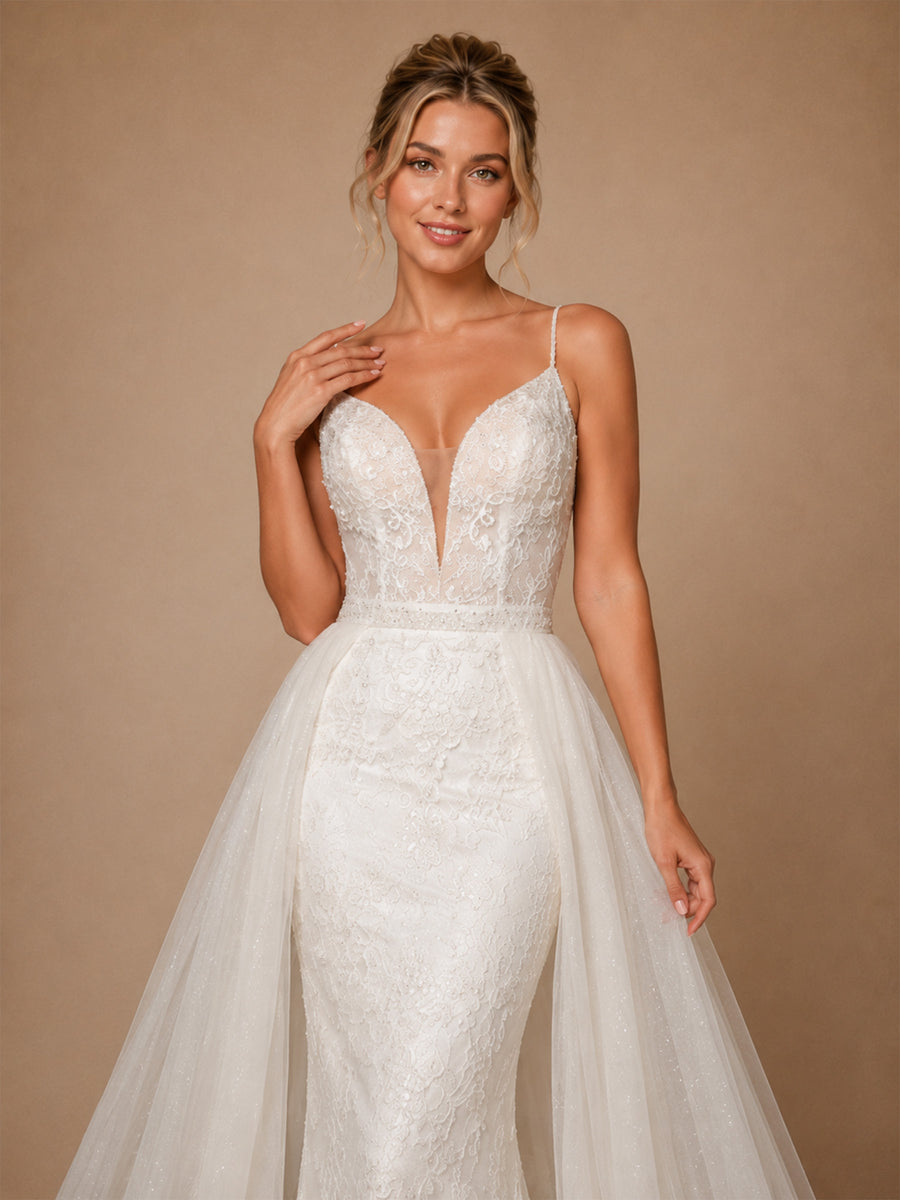 ChicSew Unique Spaghetti Straps Lace Glitter Tulle Mermaid Long Wedding Dress With Overskirt