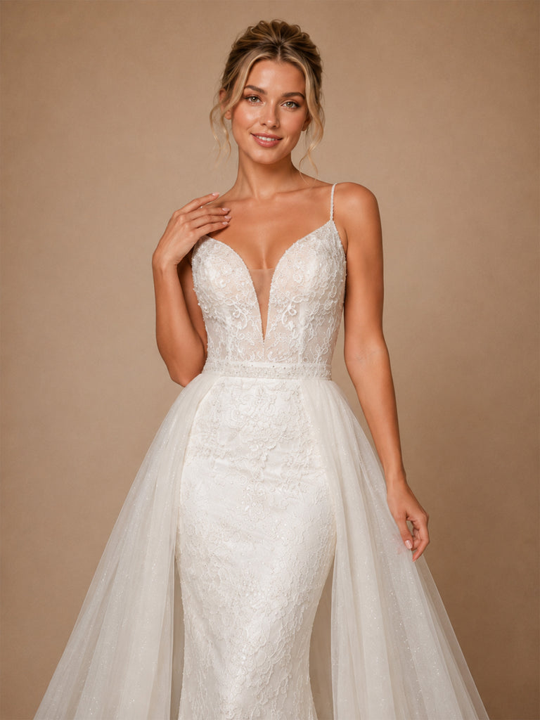 ChicSew Unique Spaghetti Straps Lace Glitter Tulle Mermaid Long Wedding Dress With Overskirt