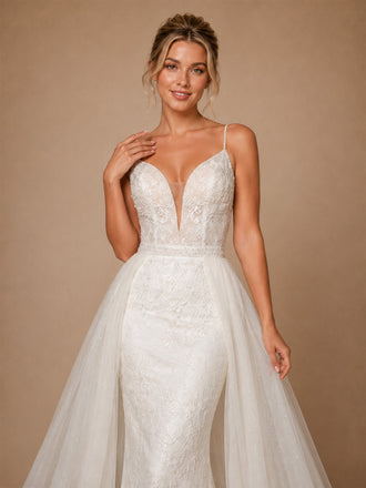 ChicSew Unique Spaghetti Straps Lace Glitter Tulle Mermaid Long Wedding Dress With Overskirt