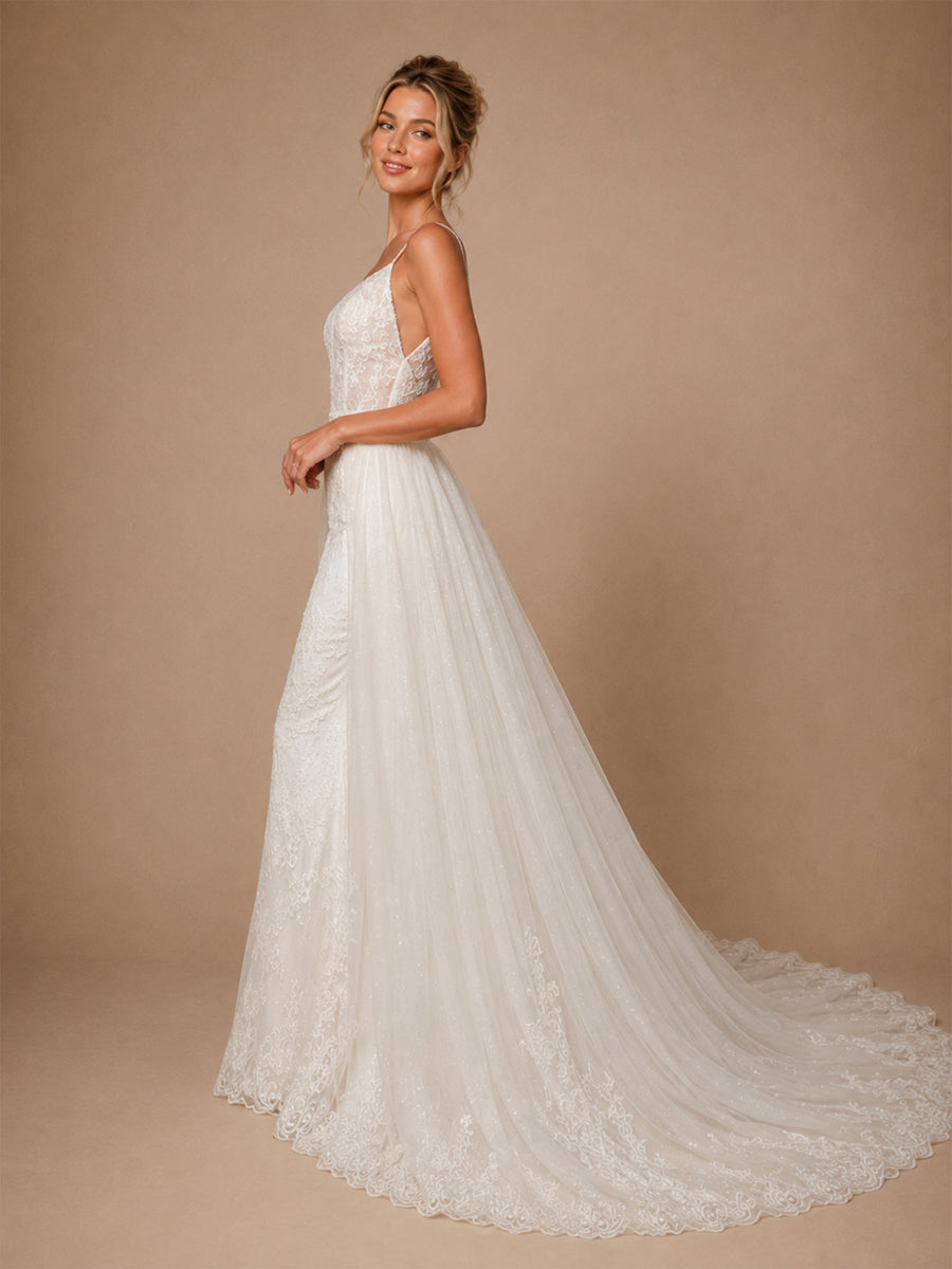 ChicSew Unique Spaghetti Straps Lace Glitter Tulle Mermaid Long Wedding Dress With Overskirt