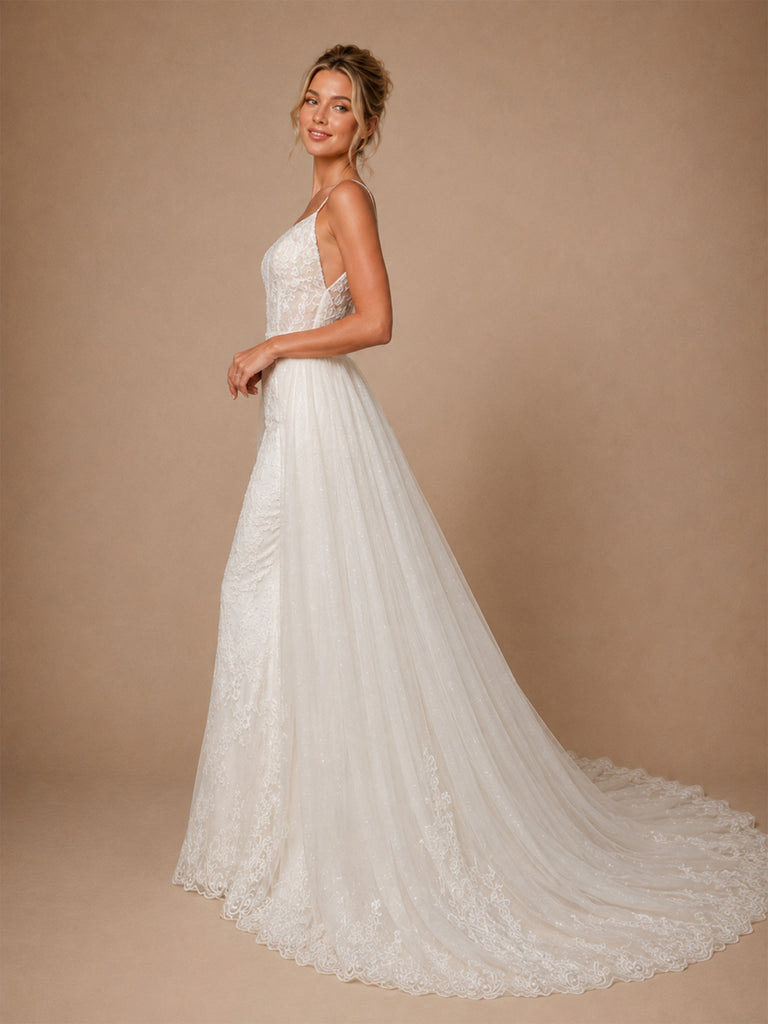 ChicSew Unique Spaghetti Straps Lace Glitter Tulle Mermaid Long Wedding Dress With Overskirt