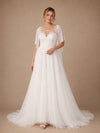 ChicSew Elegant Illusion Half Sleeves Tulle A-Line Floor-Length Wedding Dresses With Lace Appliques
