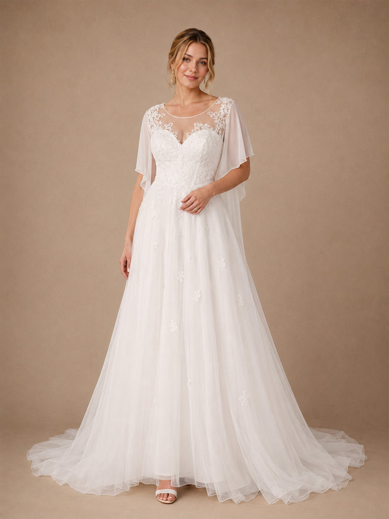 ChicSew Elegant Illusion Half Sleeves Tulle A-Line Floor-Length Wedding Dresses With Lace Appliques