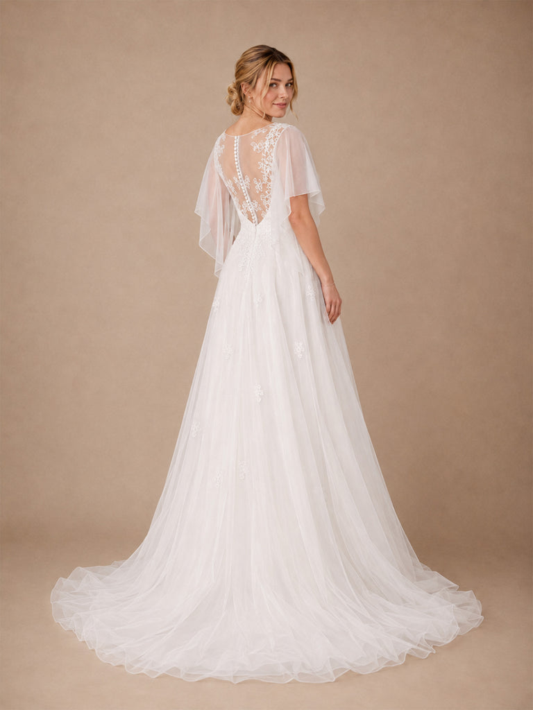 ChicSew Elegant Illusion Half Sleeves Tulle A-Line Floor-Length Wedding Dresses With Lace Appliques