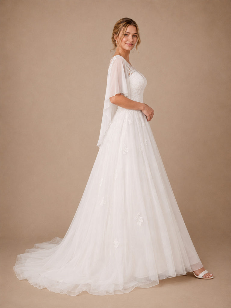 ChicSew Elegant Illusion Half Sleeves Tulle A-Line Floor-Length Wedding Dresses With Lace Appliques