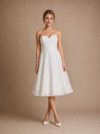ChicSew Fancy Sweetheart  Lace Appliques A-Line Tea-Length Wedding Dresses