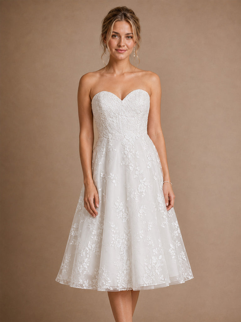 ChicSew Fancy Sweetheart  Lace Appliques A-Line Tea-Length Wedding Dresses