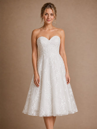 ChicSew Fancy Sweetheart  Lace Appliques A-Line Tea-Length Wedding Dresses