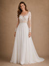 ChicSew Elegant Illusion Long Sleeves A-Line Chiffon Floor-Length Wedding Dresses With Lace Appliques