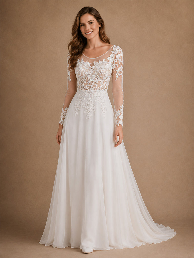 ChicSew Elegant Illusion Long Sleeves A-Line Chiffon Floor-Length Wedding Dresses With Lace Appliques