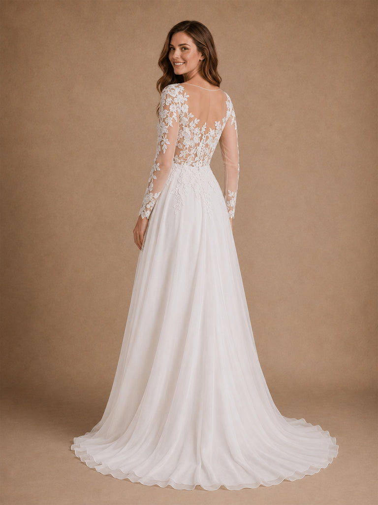 ChicSew Elegant Illusion Long Sleeves A-Line Chiffon Floor-Length Wedding Dresses With Lace Appliques