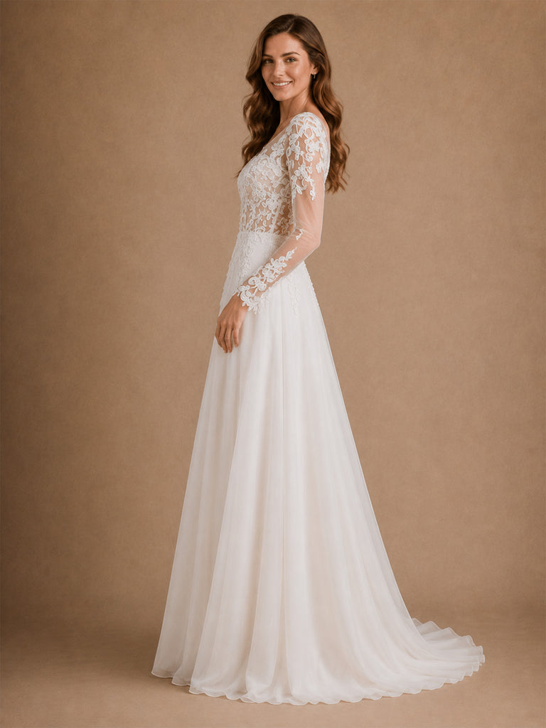 ChicSew Elegant Illusion Long Sleeves A-Line Chiffon Floor-Length Wedding Dresses With Lace Appliques