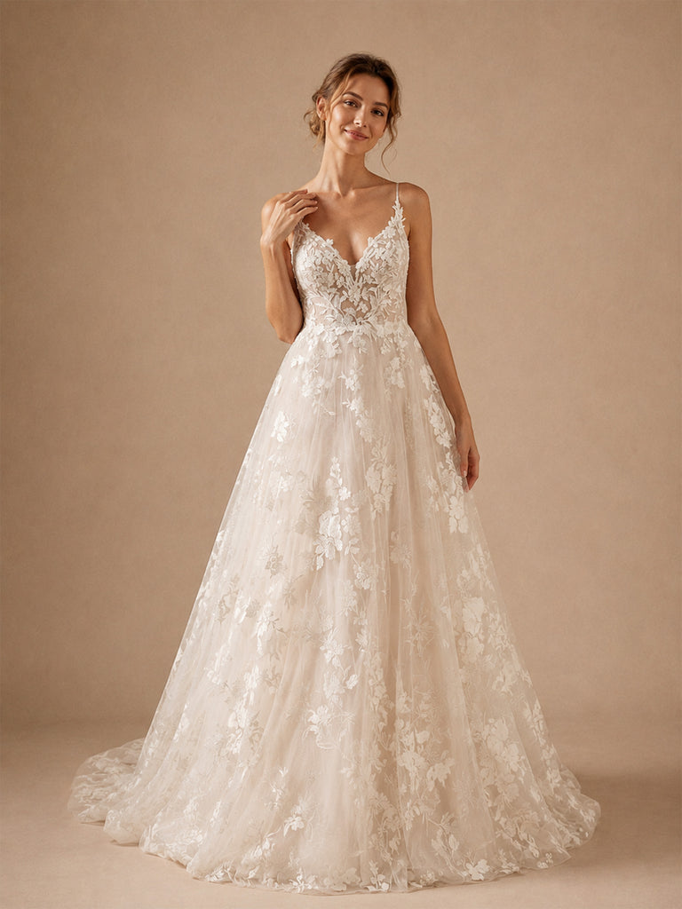 ChicSew Beautiful Spaghetti Straps V-Neck A-Line Lace Appliques Tulle Long Wedding Dress