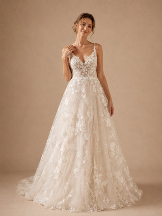 ChicSew Beautiful Spaghetti Straps V-Neck A-Line Lace Appliques Tulle Long Wedding Dress