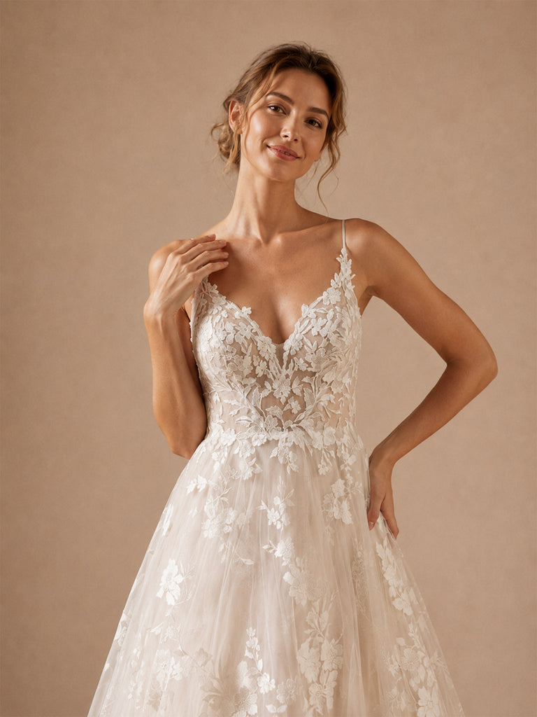 ChicSew Beautiful Spaghetti Straps V-Neck A-Line Lace Appliques Tulle Long Wedding Dress