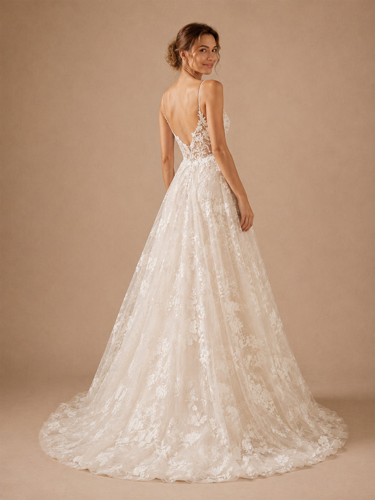 ChicSew Beautiful Spaghetti Straps V-Neck A-Line Lace Appliques Tulle Long Wedding Dress