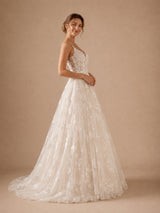 ChicSew Beautiful Spaghetti Straps V-Neck A-Line Lace Appliques Tulle Long Wedding Dress