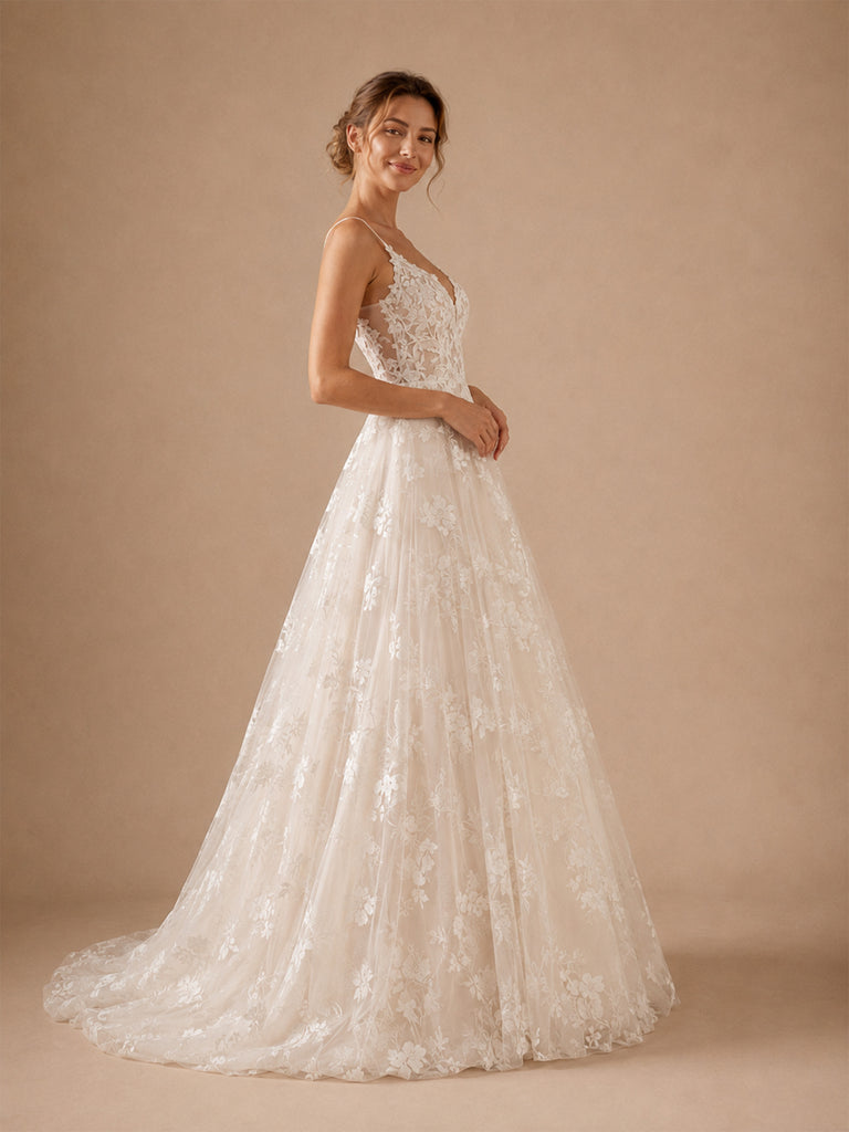 ChicSew Beautiful Spaghetti Straps V-Neck A-Line Lace Appliques Tulle Long Wedding Dress