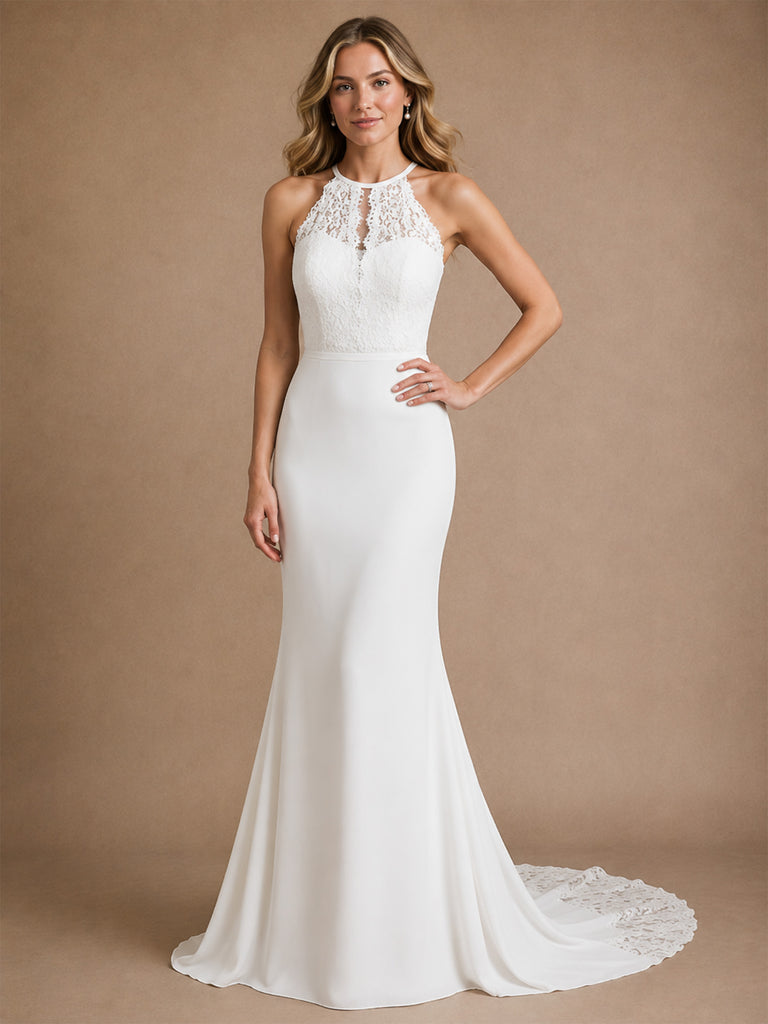 ChicSew Sexy Halter Sleeveless Mermaid Floor-Length Crepe Wedding Dresses With Lace Appliques