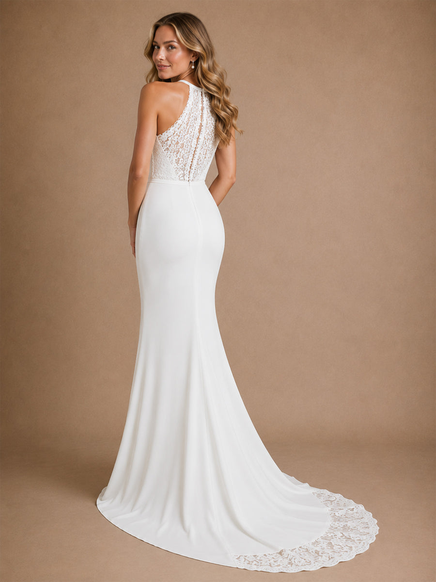 ChicSew Sexy Halter Sleeveless Mermaid Floor-Length Crepe Wedding Dresses With Lace Appliques