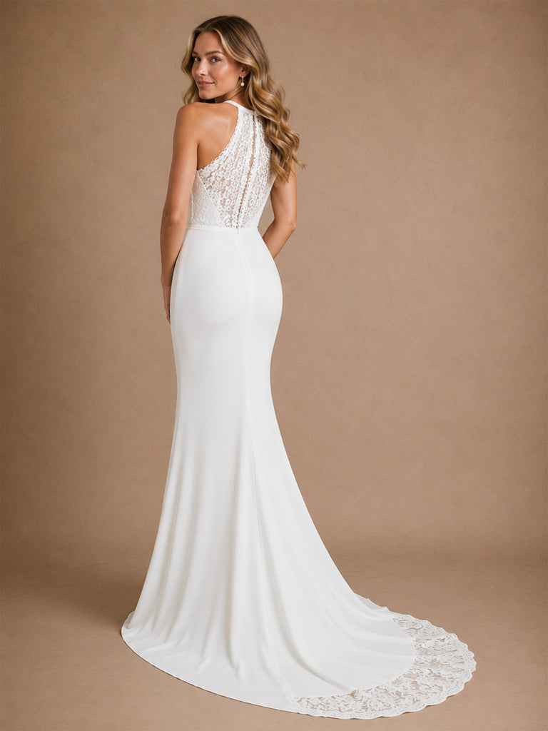 ChicSew Sexy Halter Sleeveless Mermaid Floor-Length Crepe Wedding Dresses With Lace Appliques