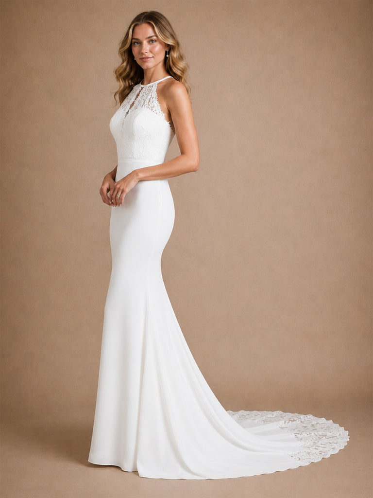 ChicSew Sexy Halter Sleeveless Mermaid Floor-Length Crepe Wedding Dresses With Lace Appliques