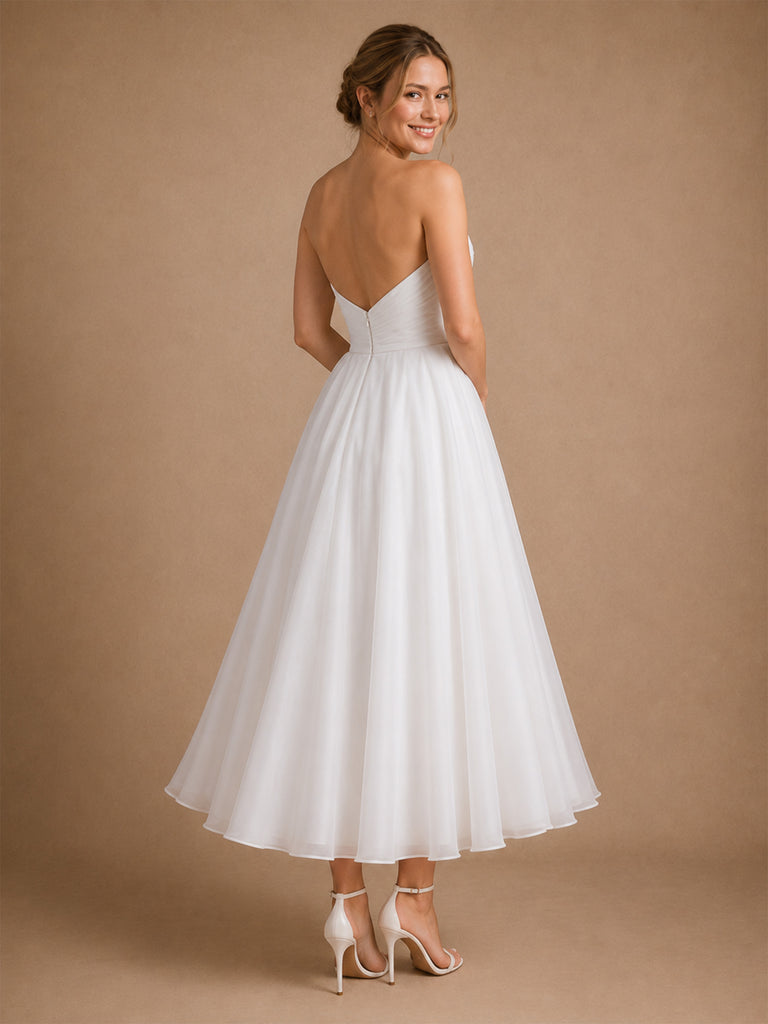 ChicSew Simple A-Line Strapless Lace Chiffon Pleated Ankle-Length Wedding Dresses