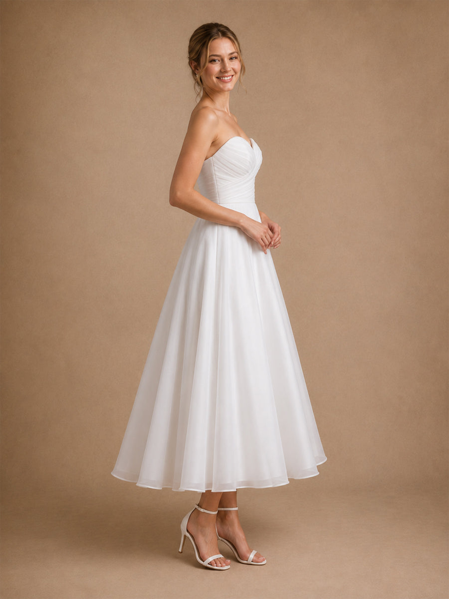 ChicSew Simple A-Line Strapless Lace Chiffon Pleated Ankle-Length Wedding Dresses