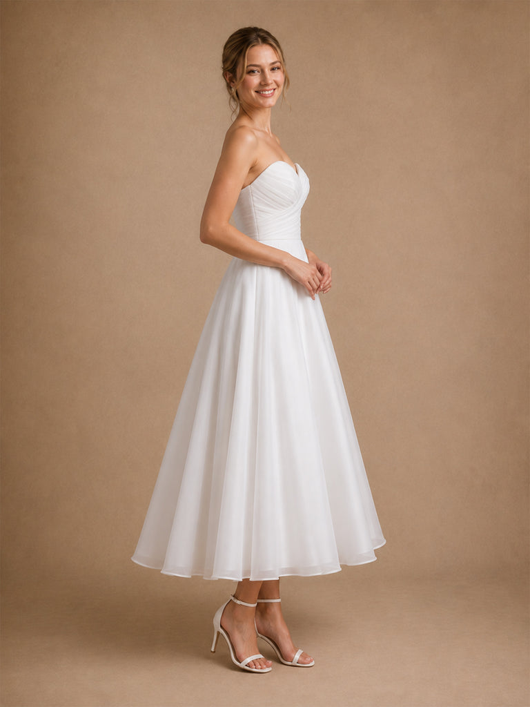 ChicSew Simple A-Line Strapless Lace Chiffon Pleated Ankle-Length Wedding Dresses