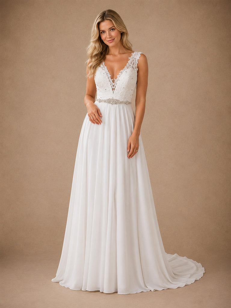 ChicSew Elegant Fancy Chiffon Deep V-Neck Sleeveless A-Line Maxi Wedding Dresses With Pleats