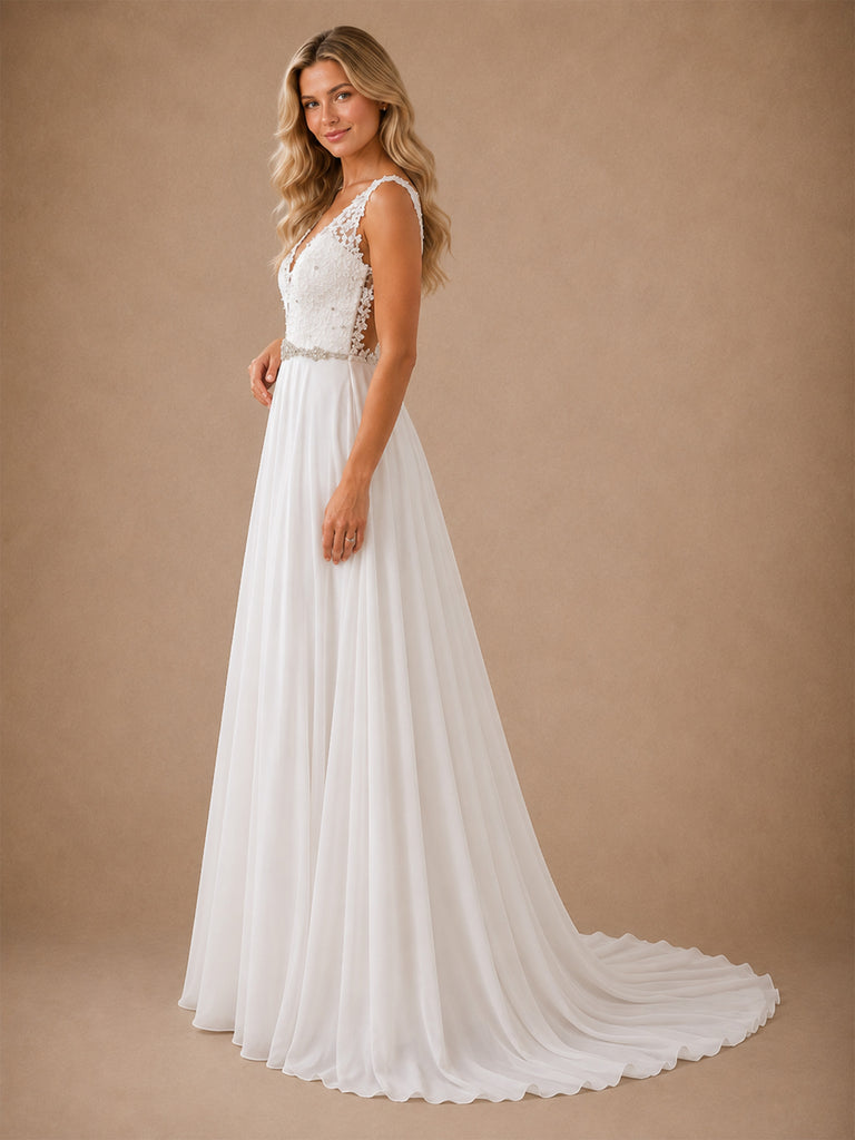 ChicSew Elegant Fancy Chiffon Deep V-Neck Sleeveless A-Line Maxi Wedding Dresses With Pleats
