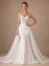 ChicSew Fancy Lace Applique Spaghetti Straps Crepe Mermaid Long Wedding Dresses With Tulle Overskirt
