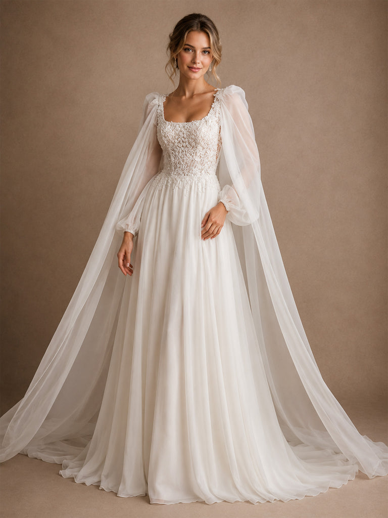 ChicSew Elegant Pretty Lace Applique Square Neck Long Sleeves A-Line Chiffon Pleated Maxi Wedding Dresses With Cape