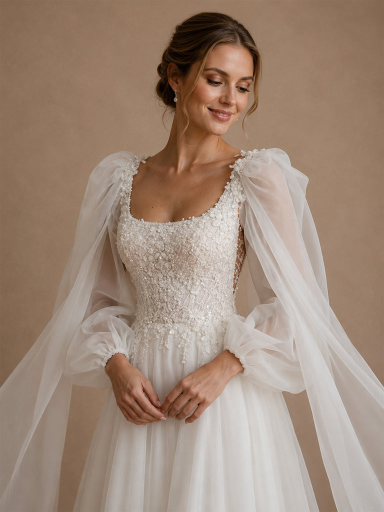 ChicSew Elegant Pretty Lace Applique Square Neck Long Sleeves A-Line Chiffon Pleated Maxi Wedding Dresses With Cape