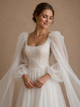 ChicSew Elegant Pretty Lace Applique Square Neck Long Sleeves A-Line Chiffon Pleated Maxi Wedding Dresses With Cape