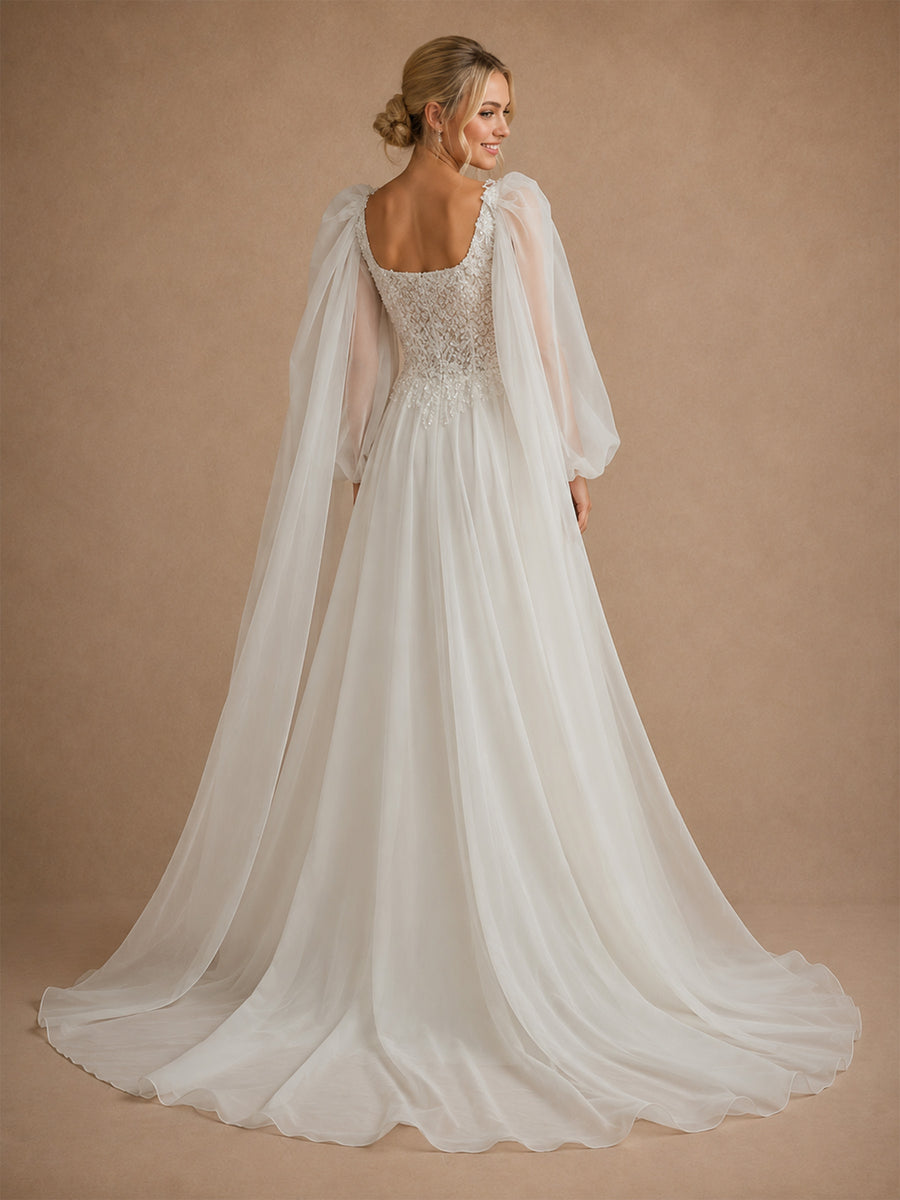 ChicSew Elegant Pretty Lace Applique Square Neck Long Sleeves A-Line Chiffon Pleated Maxi Wedding Dresses With Cape