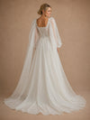 ChicSew Elegant Pretty Lace Applique Square Neck Long Sleeves A-Line Chiffon Pleated Maxi Wedding Dresses With Cape