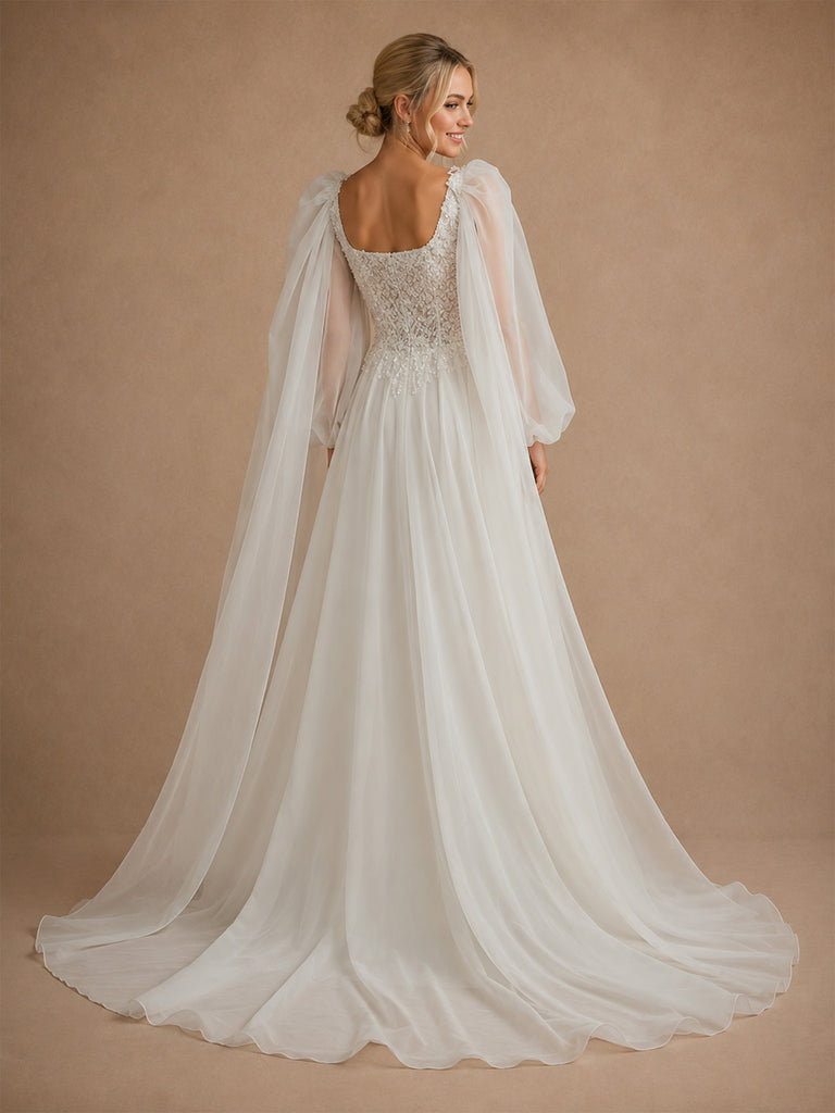 ChicSew Elegant Pretty Lace Applique Square Neck Long Sleeves A-Line Chiffon Pleated Maxi Wedding Dresses With Cape