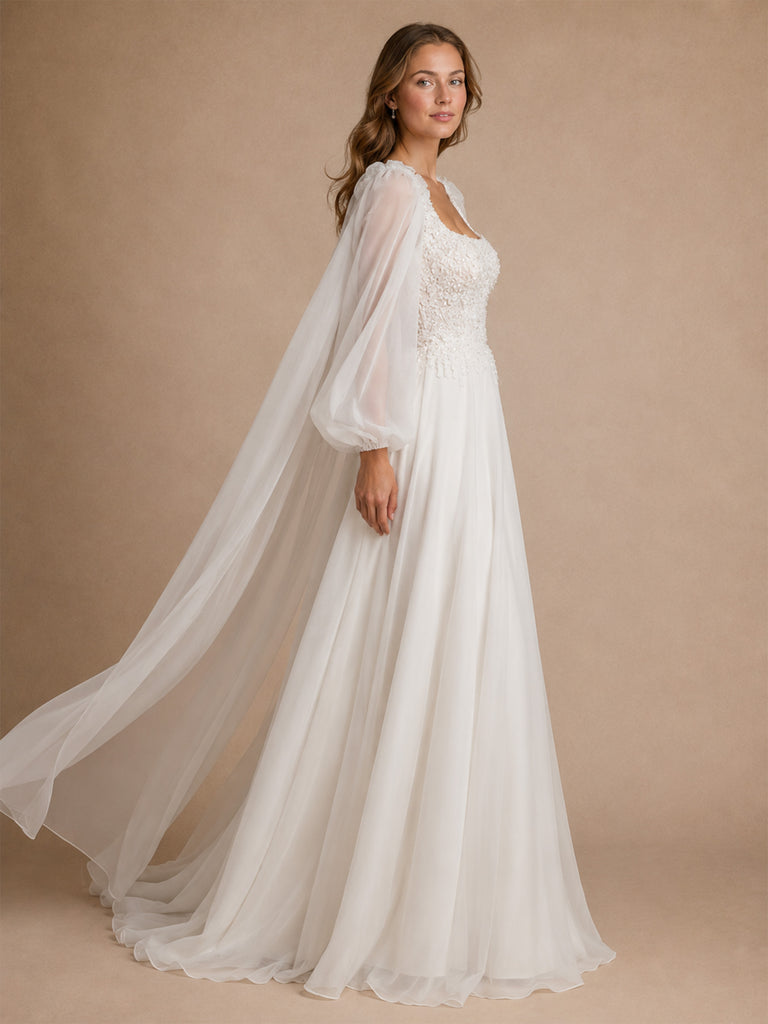 ChicSew Elegant Pretty Lace Applique Square Neck Long Sleeves A-Line Chiffon Pleated Maxi Wedding Dresses With Cape