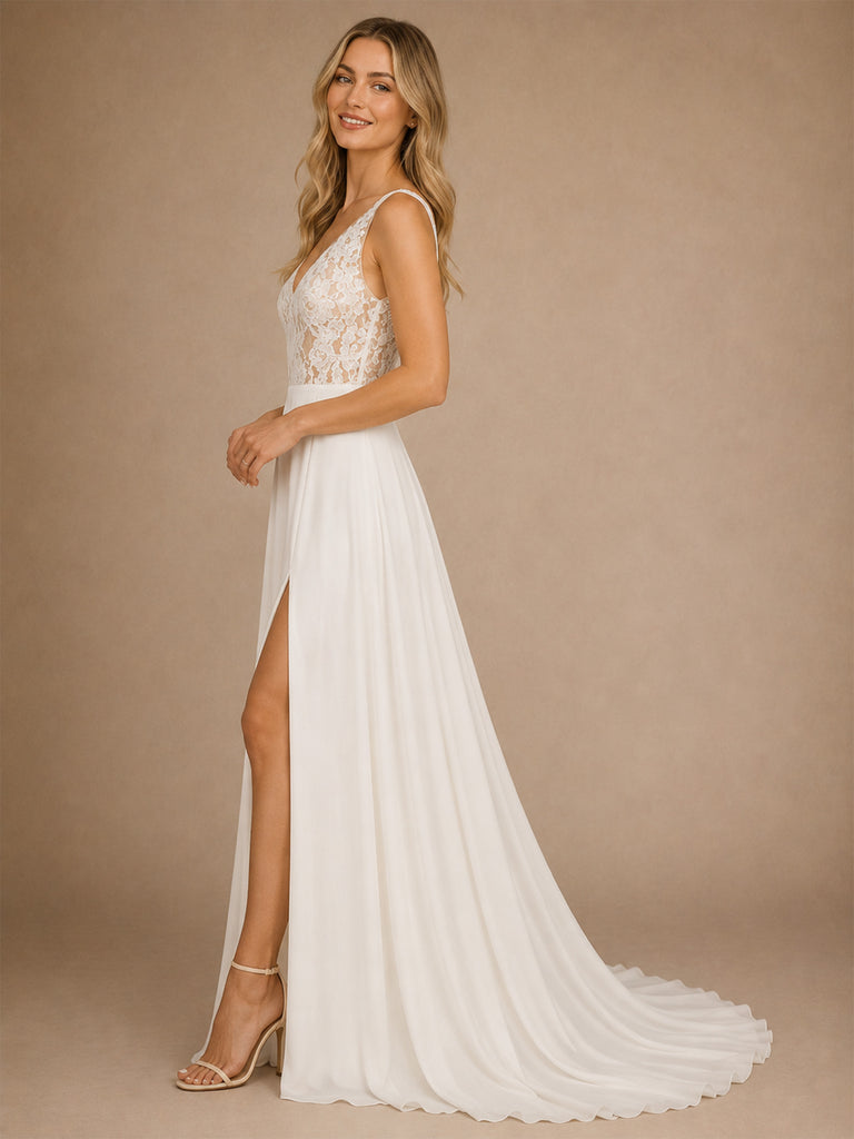 ChicSew Beautiful Sexy Lace Applique V-Neck Chiffon A-Line Maxi Wedding Dresses With Side Slit