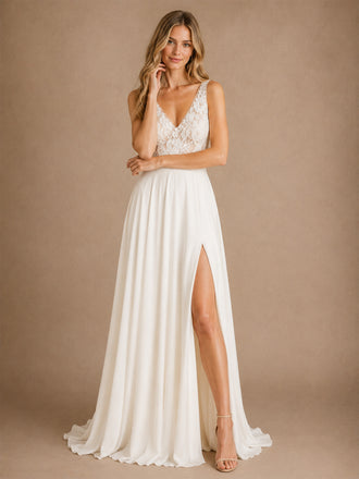 ChicSew Beautiful Sexy Lace Applique V-Neck Chiffon A-Line Maxi Wedding Dresses With Side Slit