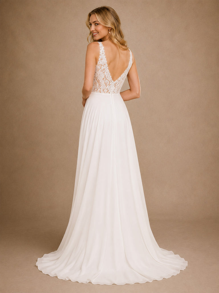 ChicSew Beautiful Sexy Lace Applique V-Neck Chiffon A-Line Maxi Wedding Dresses With Side Slit