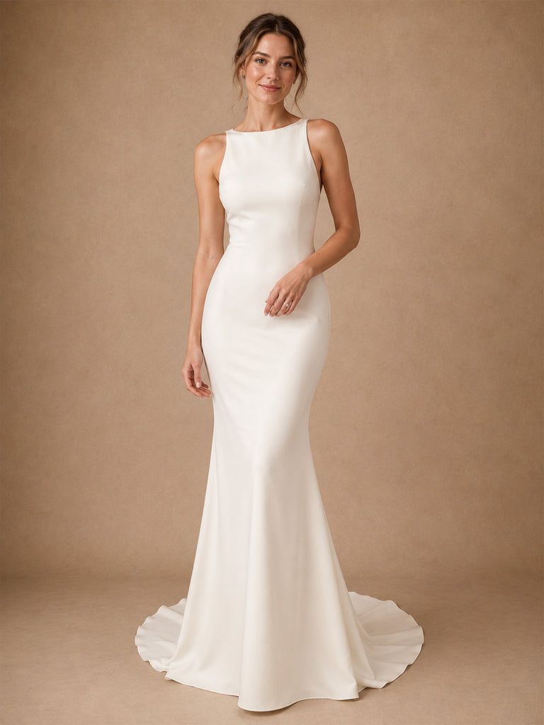 ChicSew Elegant Classy Jewel Crepe Mermaid Sleeveless Maxi Long Wedding Dresses
