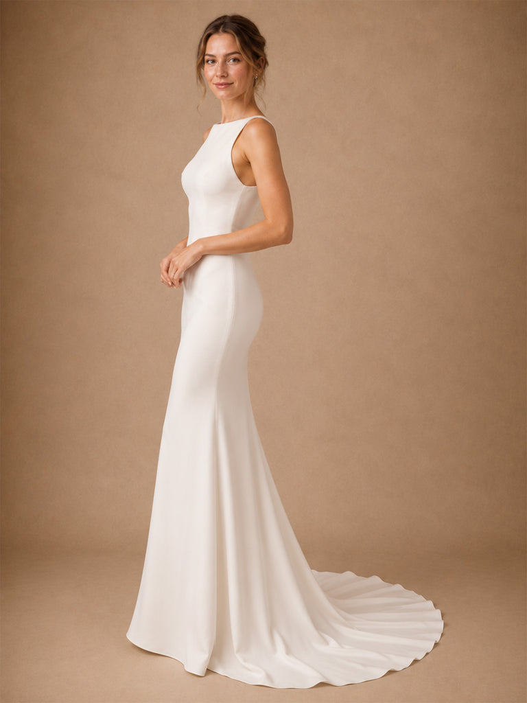 ChicSew Elegant Classy Jewel Crepe Mermaid Sleeveless Maxi Long Wedding Dresses