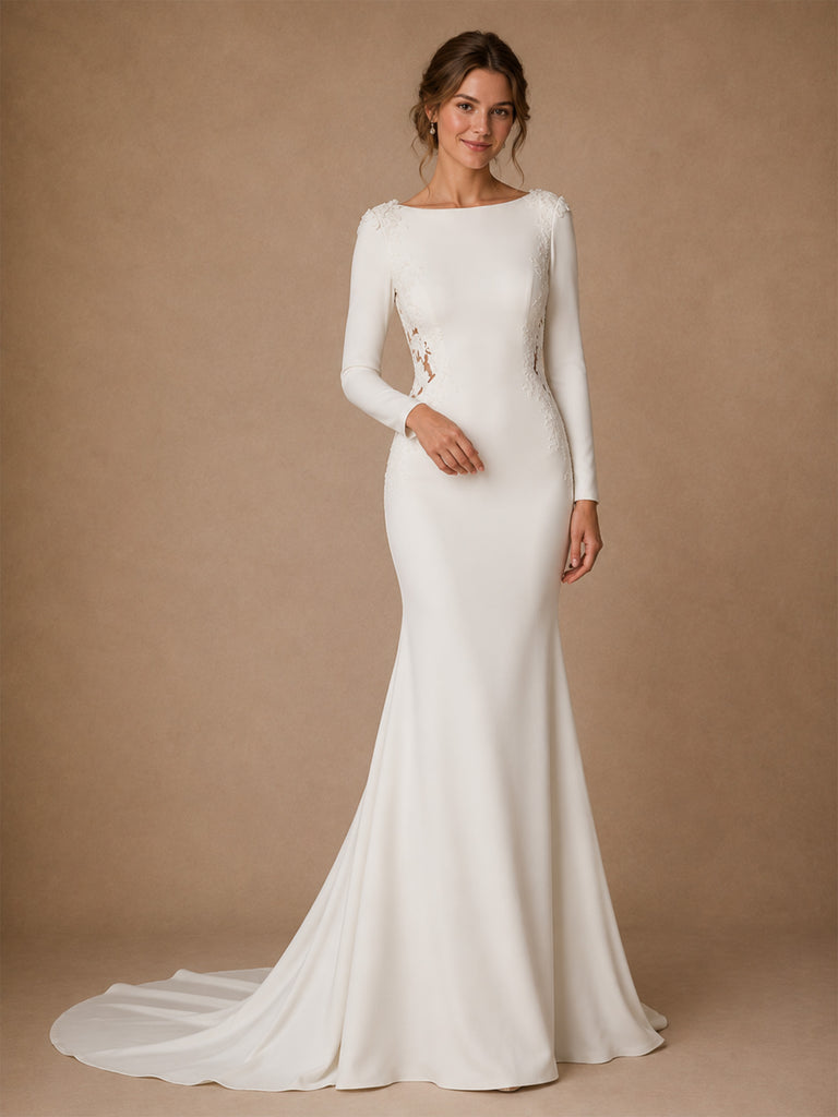 ChicSew Fancy Elegant Jewel Long Sleeves Mermaid Crepe Long Wedding Dress With Applique